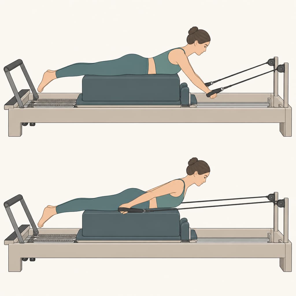 Dessin en deux temps d'une femme allongée sur le ventre sur une long box posée sur le chariot d'un Reformer, la tête vers les risers : d'abord tenant les sangles, bras tendus vers l'avant, puis ramenant les bras le long du corps tandis que le haut du dos se soulève.