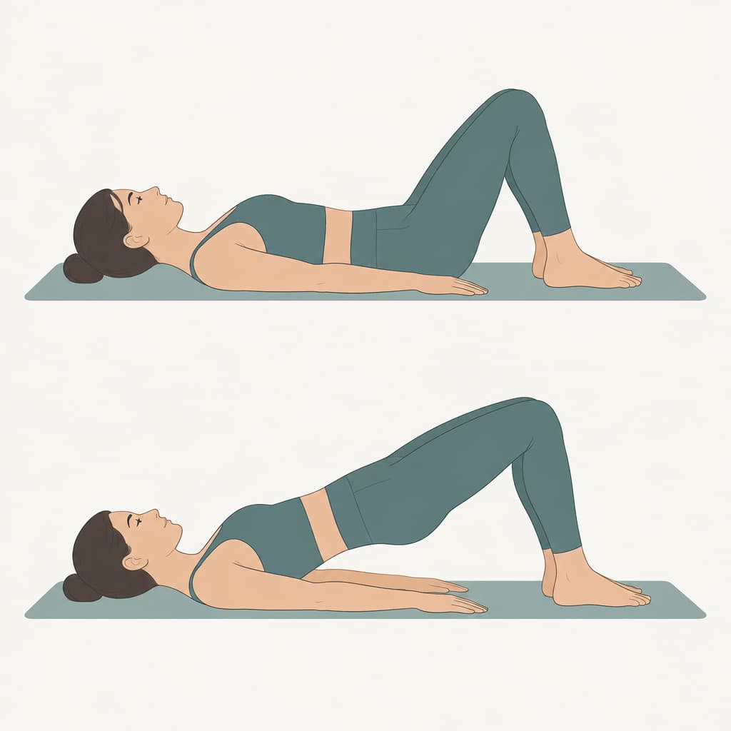 Two-step drawing of a woman lying on her back on a mat with knees bent and feet flat: first resting, then lifting the pelvis into a low bridge.